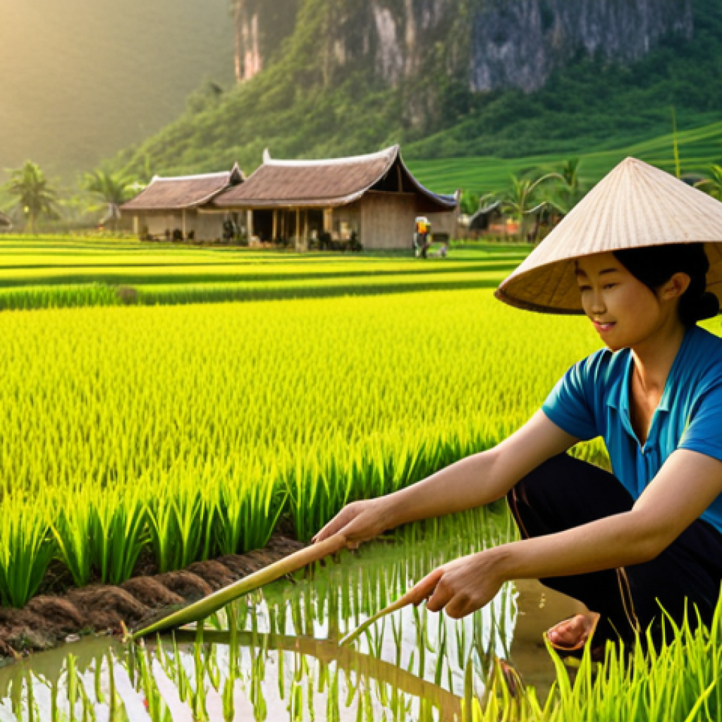 **

A vibrant rice paddy field in Vietnam, bathed in golden sunlight. Farmers in traditional conical hats are working alongside tourists, planting rice seedlings. A modern homestay with traditional Vietnamese architecture is visible in the background. The overall scene should capture the essence of sustainable rural tourism, blending agricultural activity with cultural immersion.

**