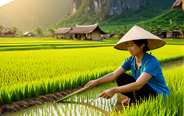 **
A vibrant rice paddy field in Vietnam, bathed in golden sunlight. Farmers in traditional conical hats are working alongside tourists, planting rice seedlings. A modern homestay with traditional Vietnamese architecture is visible in the background. The overall scene should capture the essence of sustainable rural tourism, blending agricultural activity with cultural immersion.
**
